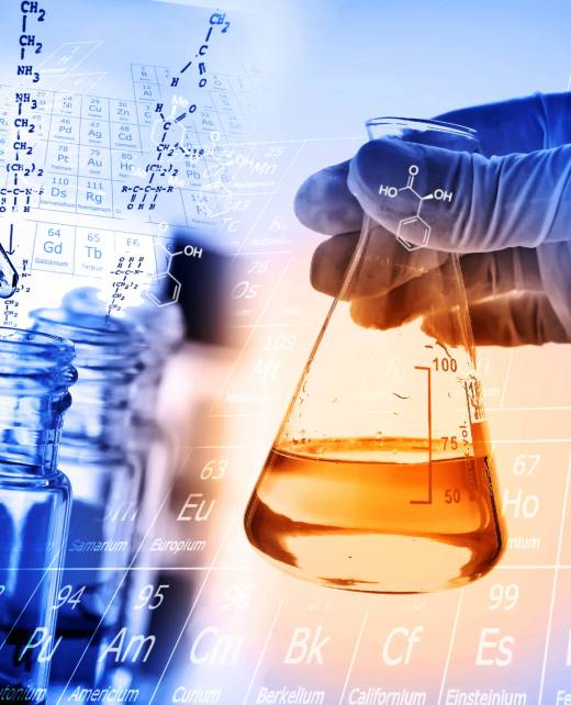 Flask in scientist hand with lab background
